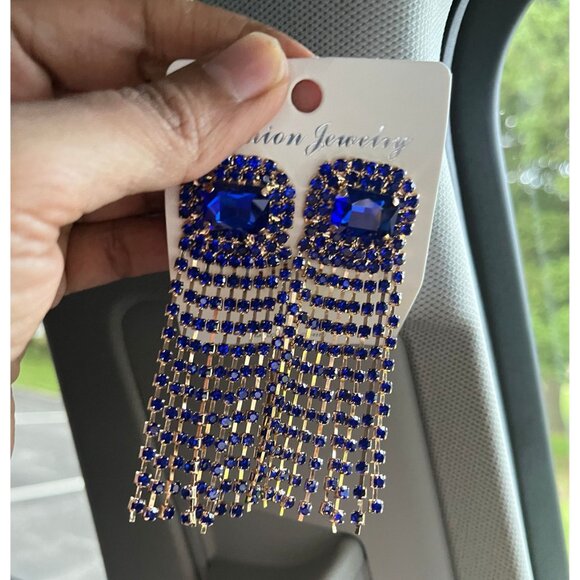 royal blue earrings , long fringe blue crystal long chandelier gold earrings - Picture 2 of 6